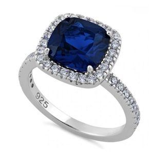 925 Sterling Silver Cushion Cut Blue Spinel CZ Ring